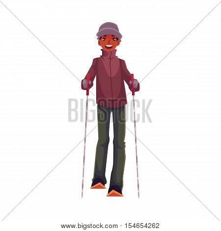Teen-aged black boy with ski and poles, cartoon vector illustration isolated on white background. Full height portrait of African Amercian teenage skier, fun winter activity, outdoor leisure time