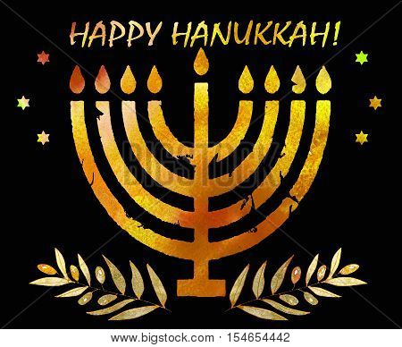 Jewish traditional holiday Hannukah. Greeting card with menorah and text Happy Hanukkah. Watercolor background.