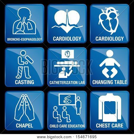 Set of Medical Icons in blue square background - BRONCO-ESOPHAGOLOGY, CARDIOLOGY, CASTING, CATHETERIZATION LAB, CHANGING TABLE, CHAPEL, CHILD CARE EDUCATION, CHEST CARE