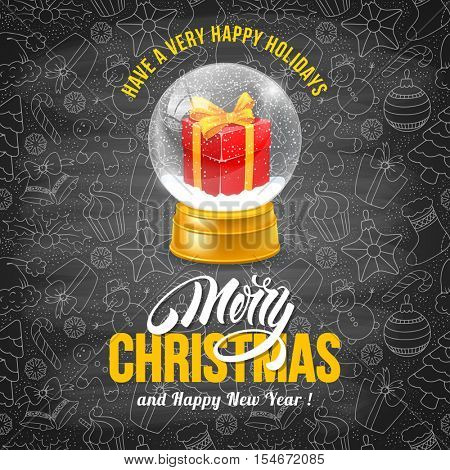 Christmas Greeting Design Template in Hand Drawn Doodle Style with Gift Box in Magic Snow Globe. Chalkboard Design. Calligraphy Inscription Merry Christmas. Vector stock Illustration. 
