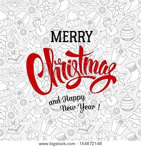 Christmas Greeting Design Template in Hand Drawn Doodle Style with Different Objects on Winter Holidays Theme. Calligraphy Inscription Merry Christmas. Vector stock Illustration. 