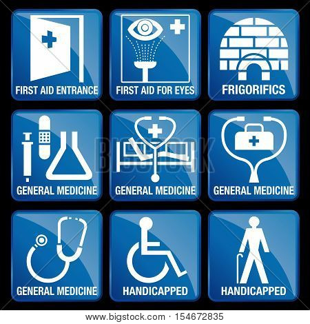 Set of Medical Icons in blue square background - FIRST AID ENTRANCE, FIRST AID FOR EYES, FRIGORIFICS, GENERAL MEDICINE, HANDICAPPED