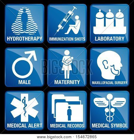 Set of Medical Icons in blue square background - HYDROTHERAPY, IMMUNIZATION SHOTS, LABORATORY, MALE, MATERNITY, MAXILLOFACIAL SURGERY, MEDICAL ALERT, MEDICAL RECORDS, MEDICAL SYMBOL