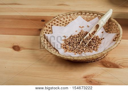 Excellent different cereals on a wooden background.