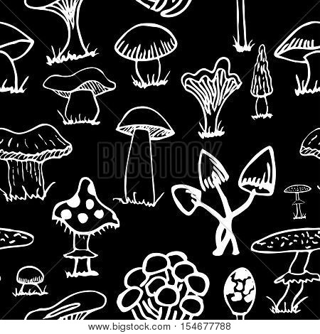 Set of white silhouettes of cute cartoon mushrooms isolated on black background.