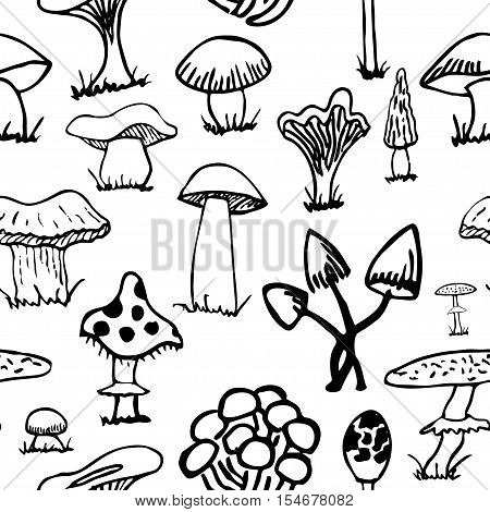 Set of silhouettes of cute cartoon mushrooms isolated on white background.