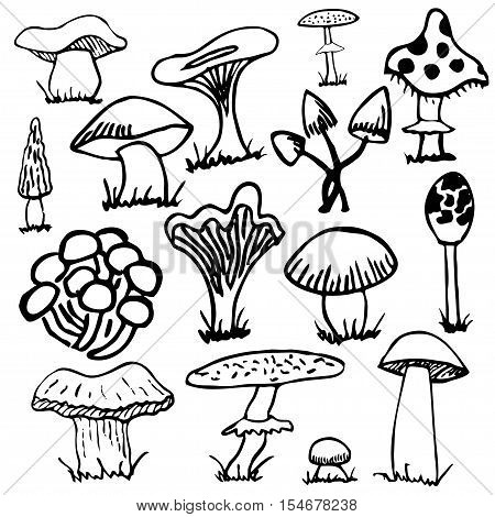 Set of silhouettes of cute cartoon mushrooms isolated on white background.