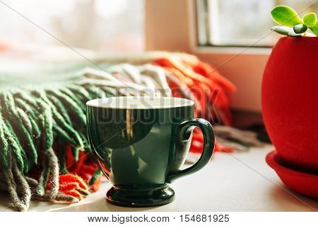 Cup and plaid, flower pot on the window. Red and green colors.