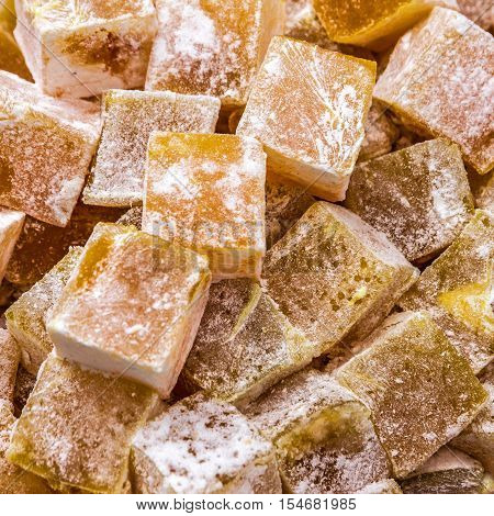 Turkish delights sweet Rahat lokum. Food background