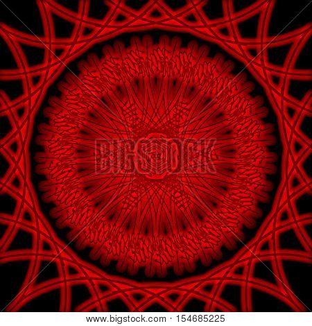 Red graphic ornament with luminous patterns on black background