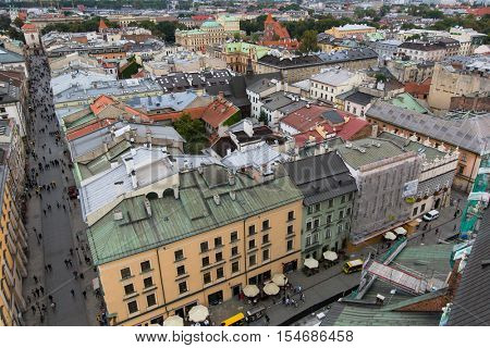 KRAKOW, POLAND - SEP 20, 2016: Top view of a historic buildings in the Old Sity. Krakow has been awarded a number of top international rankings such as the 1st place in the Top city-break destinations