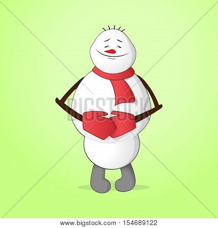 Snowman smiling with satisfaction on face and holding hands on his belly