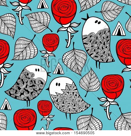 Red roses and romantic birds seamless pattern. Vector doodle illustration.