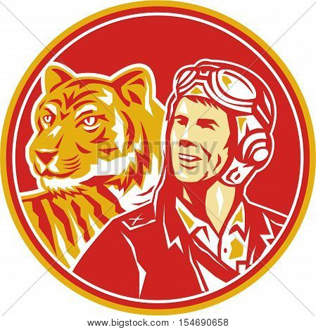 Illustration of a world war two pilot airman aviator and tiger looking to the side set inside circle done in retro style.