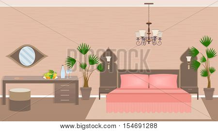Luxury asian bedrrom interior including bed table fruits mirror. Flat style vector illustration