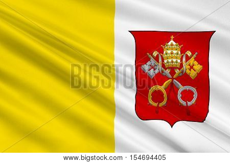 Flag of Vatican City officially Vatican City State is a walled enclave within the city of Rome. 3d illustration