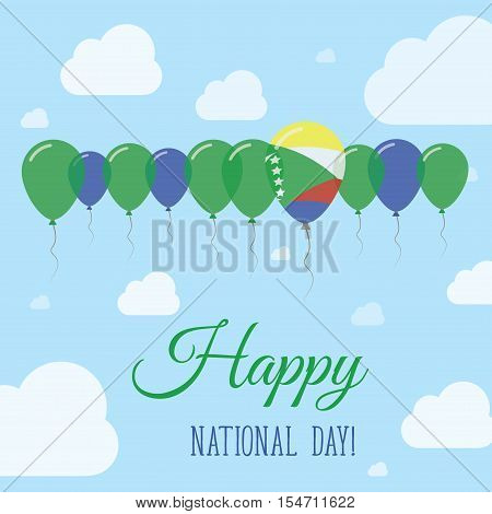 Comoros National Day Flat Patriotic Poster. Row Of Balloons In Colors Of The Comoran Flag. Happy Nat