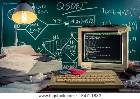 Closeup of vintage computing laboratory on old table