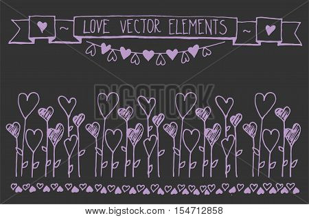 Card with the contours of the doodle hearts. Vector abstract floral decorative background with hearts.