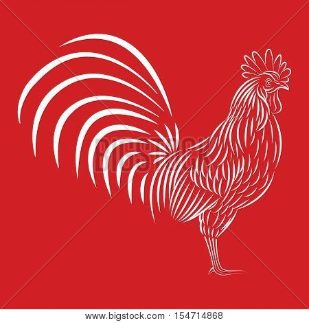 Hand drawn doodle outline rooster illustration. Hand drawn stylized white rooster on red background. symbol of the 2017 year. Illustration.