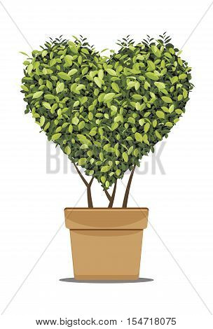 Heart-shaped green trees in pots. Vector illustration