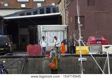 Fisherman working in Eyemouth harbour Berwickshire in Scotland UK. 07.08.2016