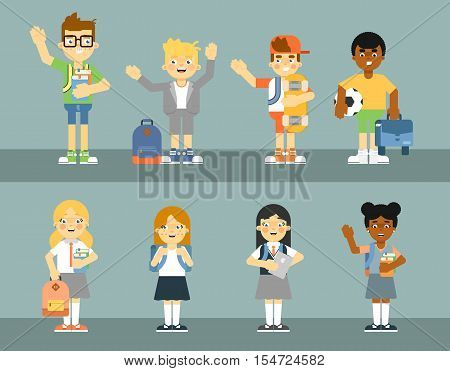 School pupil with backpack isolated vector illustration. Schoolboy and schoolgirl in uniform, elementary school kids with textbooks and sport equipment. Happy smart and friendly child in flat design
