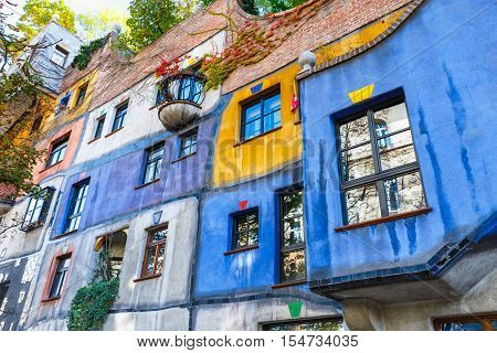 Vienna, Austria - October 14, 2016: Facade Of Huntdertwarsser House In Vienna. The Hundertwasser Hou