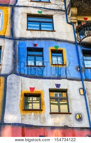 Vienna, Austria - October 14, 2016: Facade Of Huntdertwarsser House In Vienna. The Hundertwasser Hou
