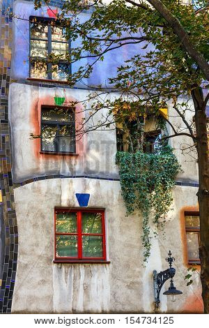 Vienna, Austria - October 14, 2016: Facade Of Huntdertwarsser House In Vienna. The Hundertwasser Hou