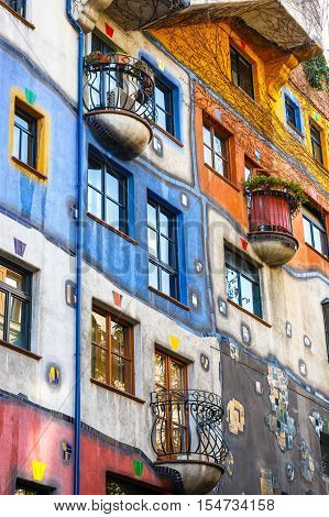Vienna, Austria - October 14, 2016: Facade Of Huntdertwarsser House In Vienna. The Hundertwasser Hou