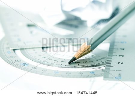 selective focus of the pencil with precision measurement tool