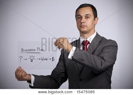 Uomo d'affari con un piano di strategia per avere successo nella sua impresa (messa a fuoco selettiva)