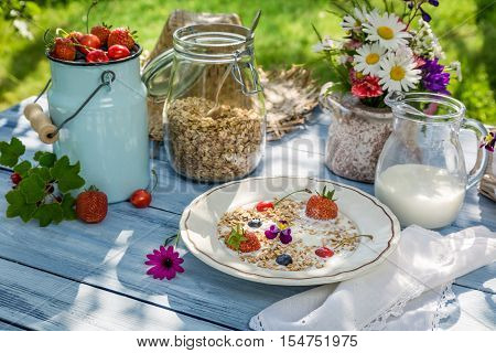 Oatmeal with fruit and milk on old table