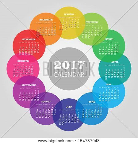 Modern vector Calendar 2017 year with colored circle. Week Starts Sunday eps 10