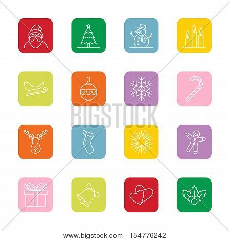 Christmas and new year icon set vector illustration - outline on colorful rounded rectangle
