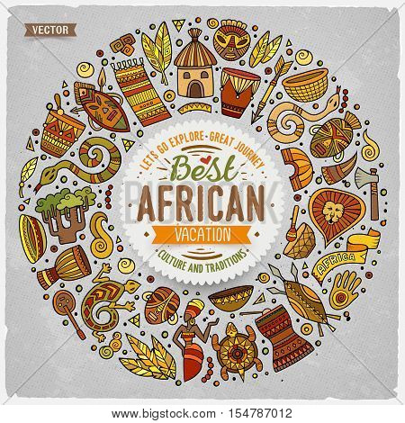 Colorful vector hand drawn set of Africa cartoon doodle objects, symbols and items. Round frame composition