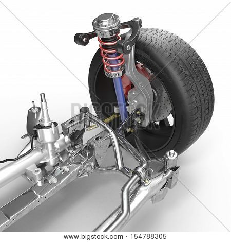 Front suspension with wheel of drive car. New tire. On white background. 3D illustration
