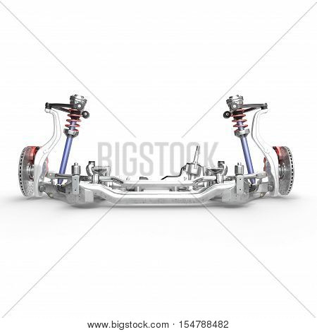 Car disc brake with red caliper, and front suspension on white background. 3D illustration