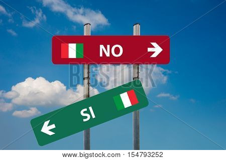two road signs and italian referendum SI (yes) and NO (no)
