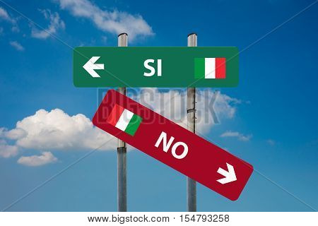 two road signs and italian referendum SI (yes) and NO (no)