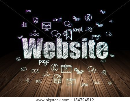 Web design concept: Glowing text Website,  Hand Drawn Site Development Icons in grunge dark room with Wooden Floor, black background