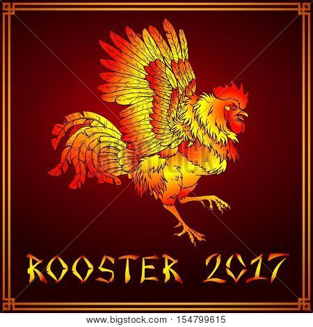 Vector illustration. A pugnacious fiery red rooster on a dark red background. A symbol of the Chinese new year 2017 according to east calendar. Festive greeting card.