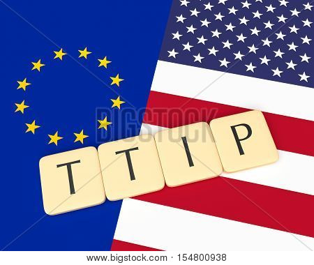 Letter Tiles: TTIP between the USA and the European Union with US And EU Flag 3d illustration
