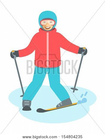 Child figure skiing vector flat illustration. Teen boy or girl coming down the on skis. Kids winter activities. Child in ski suit playing winter sport on Christmas holidays. Moving cartoon character. Isolated on white