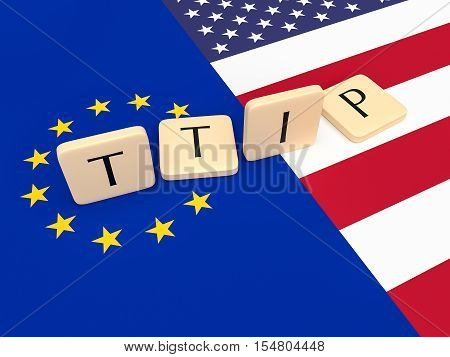 Failure: Letter Tiles TTIP between the USA and the European Union with US And EU Flag 3d illustration