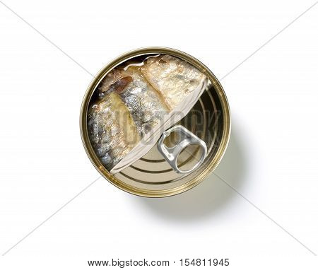 Canned fish in tin on white background