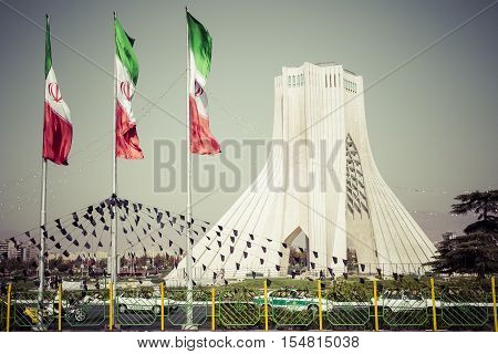 Teheran, Iran - October 03, 2016: Azadi Tower With Flasgs Of Iran, Tehran, Iran