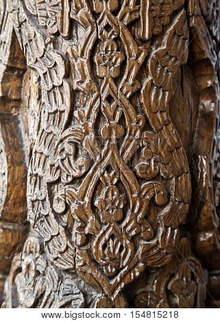 Detail of traditonal carved wooden column, Uzbekistan