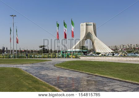 Teheran, Iran - October 03, 2016: Azadi Tower With Flasgs Of Iran, Tehran, Iran